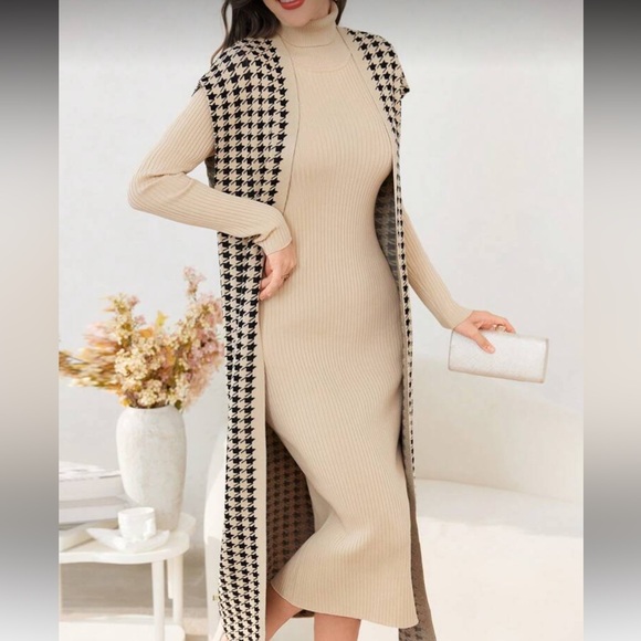 Beige and Black Houndstooth Long Cardigan Dress - Picture 12 of 14